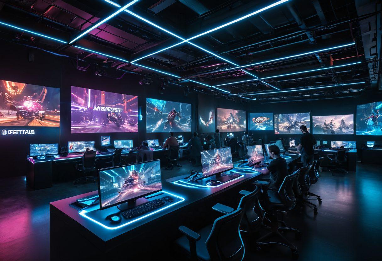 A futuristic gaming landscape featuring vibrant eSports arenas filled with cheering crowds and illuminated virtual goods displays. Highlight popular gaming icons and merchandise in a dynamic, immersive environment. Incorporate elements like holographic interfaces, gaming consoles, and diverse players engaged in competitions. The scene should convey excitement and innovation. cyberpunk. vibrant colors. super-realistic.
