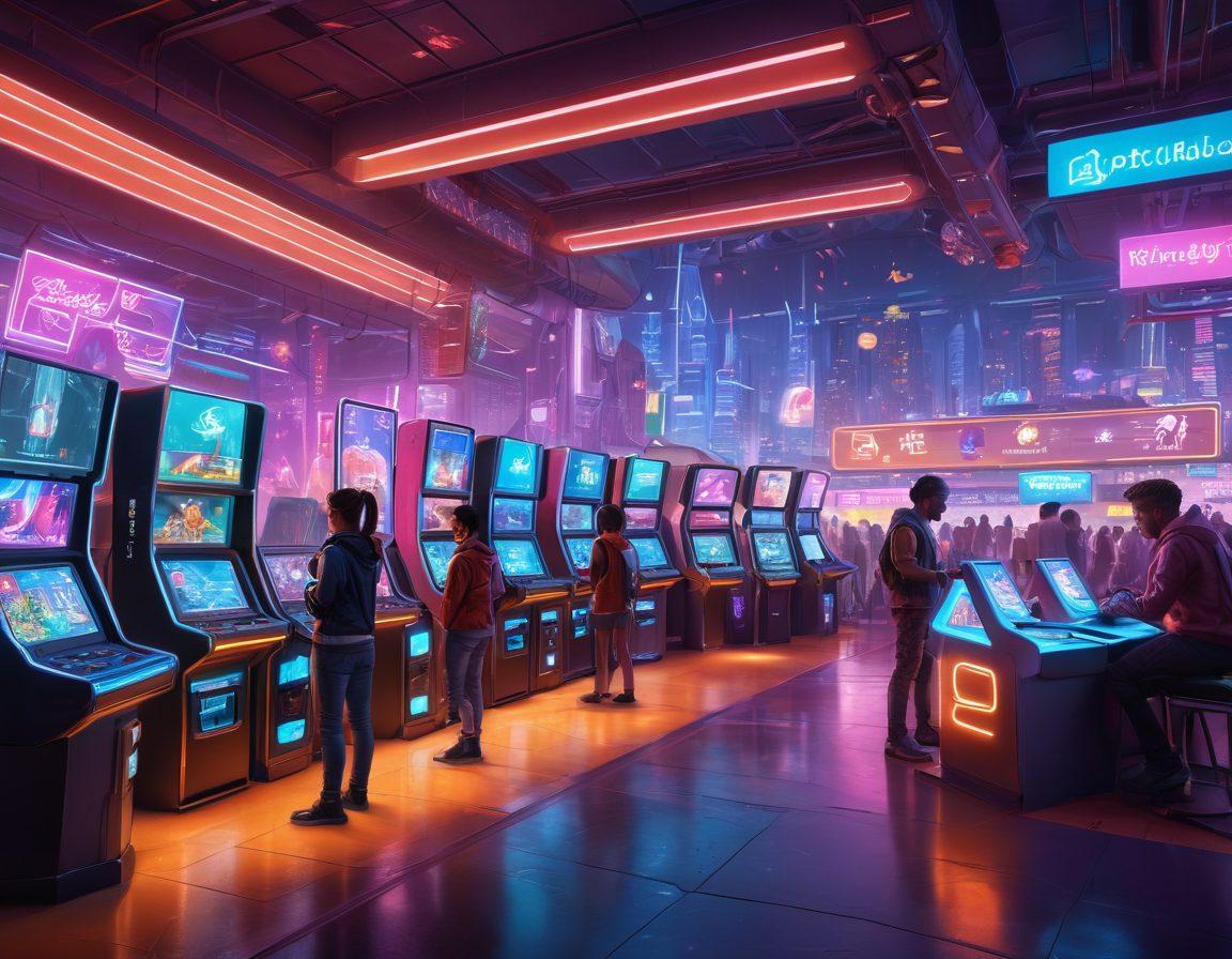 A futuristic gaming landscape featuring diverse characters trading virtual goods, surrounded by vibrant neon lights and holographic displays of digital currency. Include elements like avatars, game consoles, and glowing tokens to represent the exchange. The background should show a blend of gaming environments such as fantasy realms and sci-fi cities. The scene should feel dynamic and engaging, capturing the essence of digital trade in gaming. super-realistic. vibrant colors. digital art.