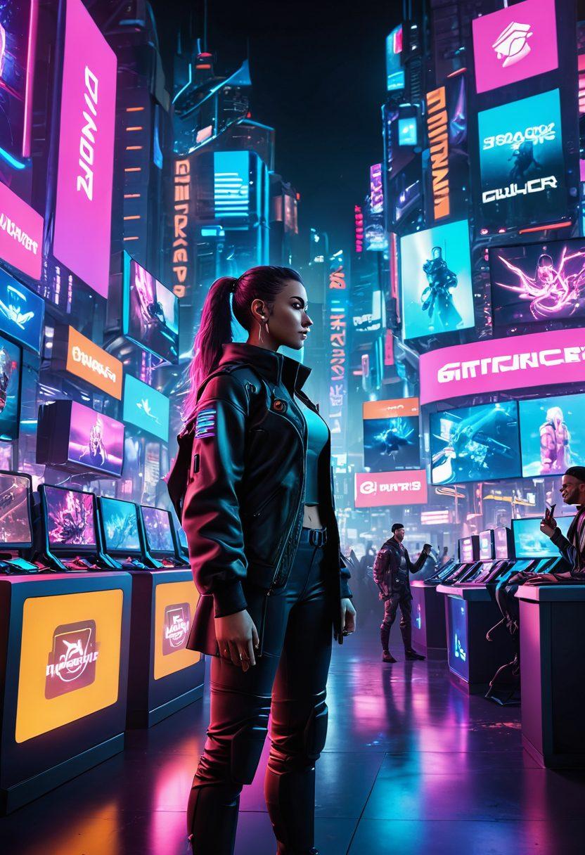 A dynamic scene showcasing diverse gamers in a virtual marketplace, intensely trading digital goods. Highlight elements like glowing screens, pixelated items, and avatars exchanging currencies. Include a backdrop of a futuristic gaming city with neon lights and energy. Capture excitement and strategy in their expressions. cyberpunk. vibrant colors. 3D.
